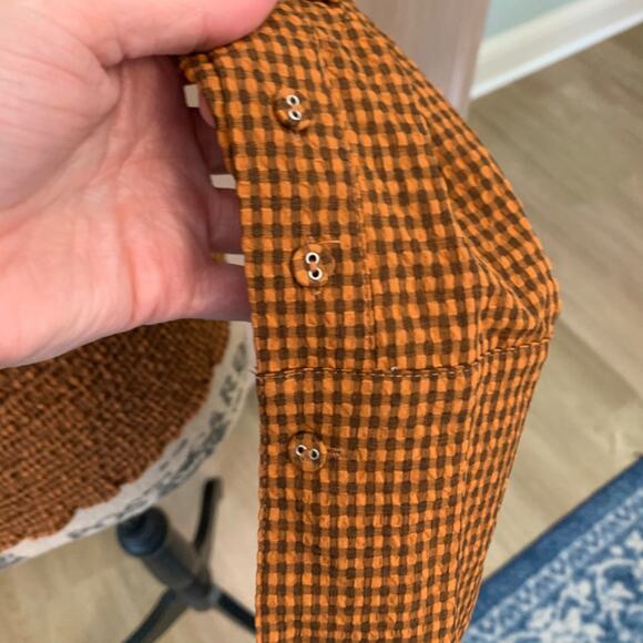 Scotch & Soda Smocked High Neck Top brown check gingham puff sleeve blouse FallS - Picture 12 of 15